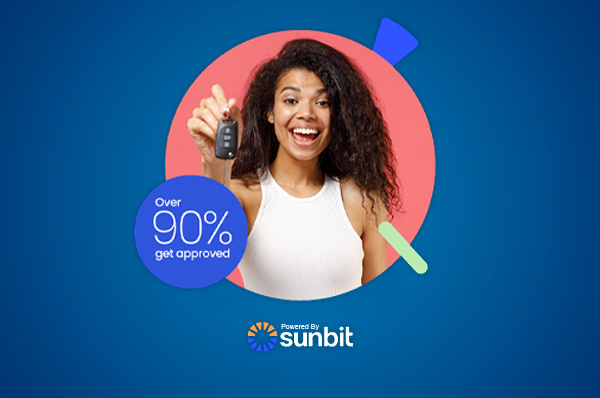 Bison Ford Service Offer - PAY-OVER-TIME Womann holding keys to a car and Sunbit Logo Isolated On Blue Background
