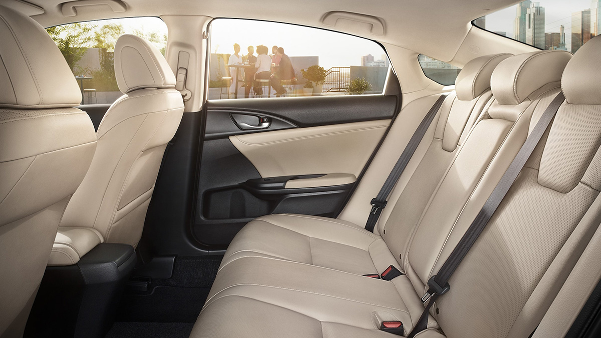 2021 Honda Insight Interior side profile view of rear seats in 2021 Honda Insight with Ivory Leather.