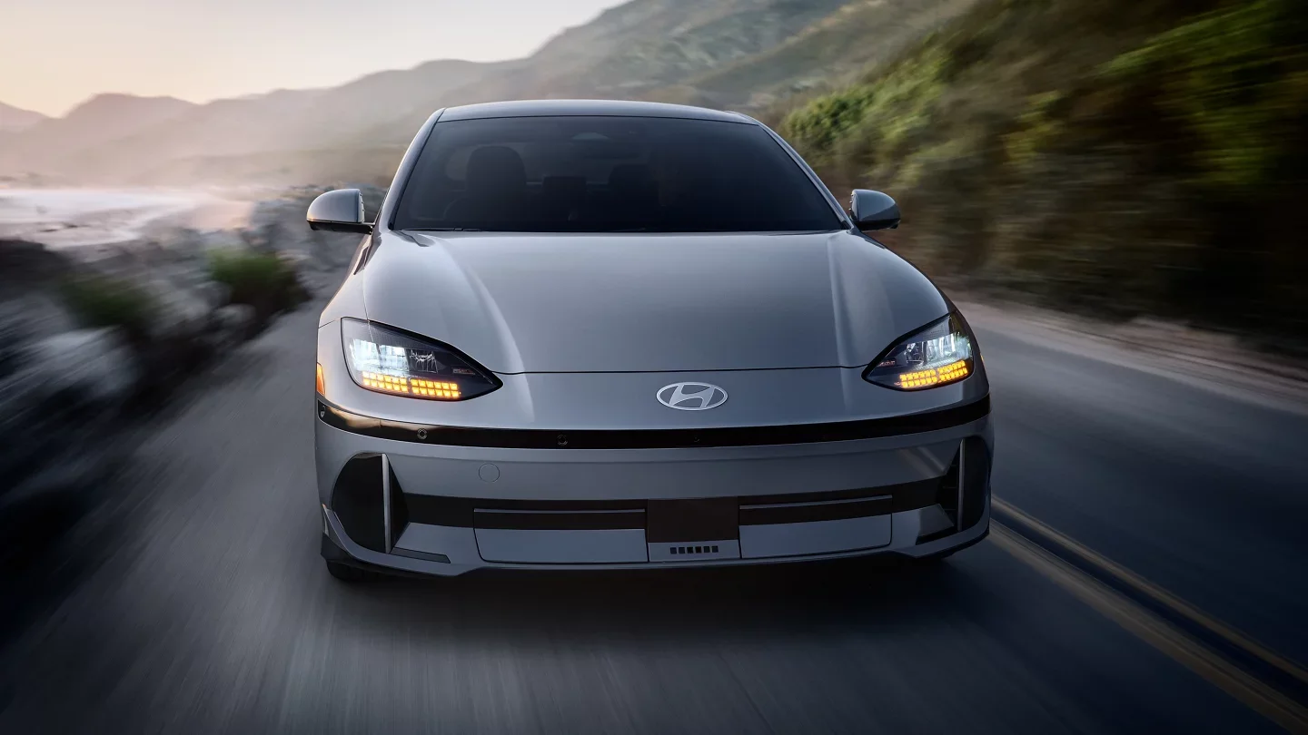 2024 Ioniq 6 - Performance Front view of 2024 Ioniq 6 driving
