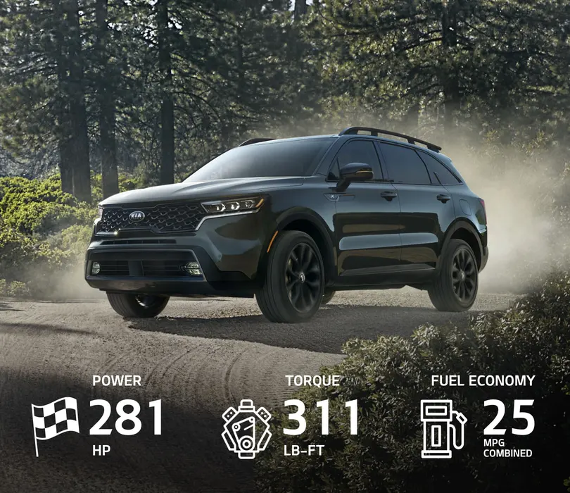 2021 Kia Sorento - Powertains 2021 Kia Sorento Driving Past Trees Three-Quarter View
