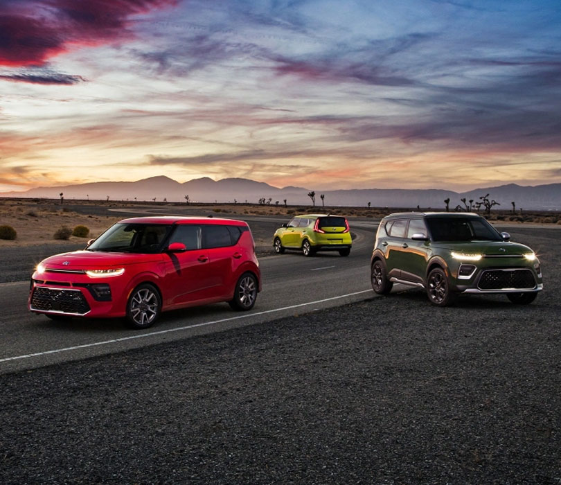 2021 Kia Soul S LineUp 2021 Kia Forte Soul S models parked in the desert