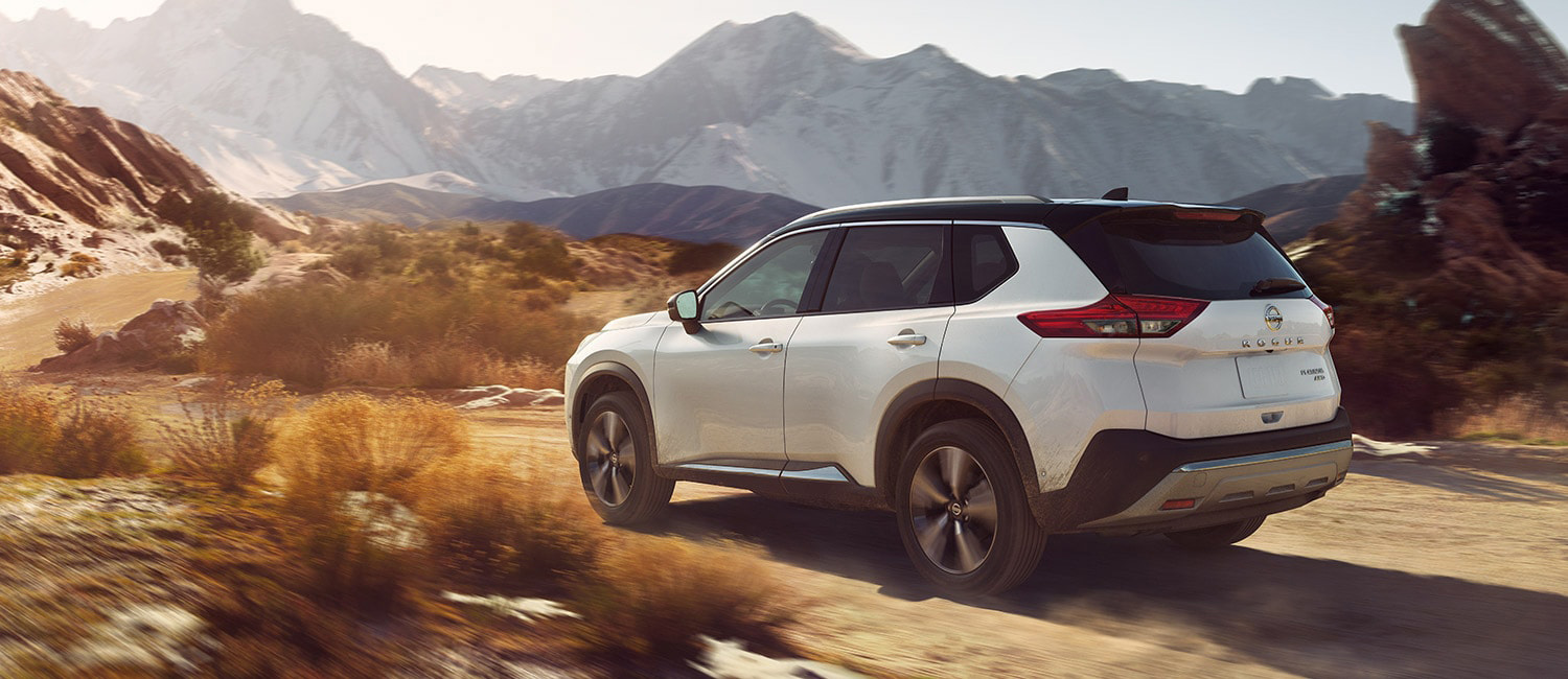 2021 Nissan Rogue White Nissan Rogue shown off-road